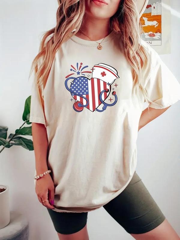 Women's American Flag & Nurse Print Round Neck Tee, Casual Letter Graphic Short Sleeve T-Shirt for Daily Wear, Ladies...