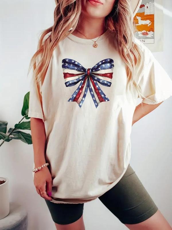 Women's American Flag Print Round Neck Graphic Tee, Casual Letter Print Short Sleeve Crew Neck T-shirt for Daily Wear,...