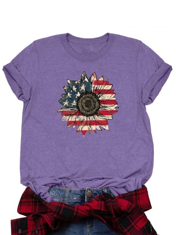 Women's American Flag Print Round Neck Graphic Tee, Casual Short Sleeve T-shirt for Daily Wear, Ladies Clothes for All...