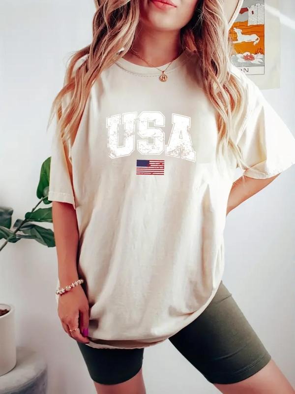 Women's American Flag Print Round Neck Tee, Casual Letter Graphic Short Sleeve T-Shirt for Daily Wear, Ladies Clothes for...