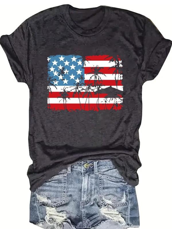 Women's American Flag Print Round Neck Tee, Casual Short Sleeve Crew Neck T-shirt for Daily Wear, Ladies Clothes for All...