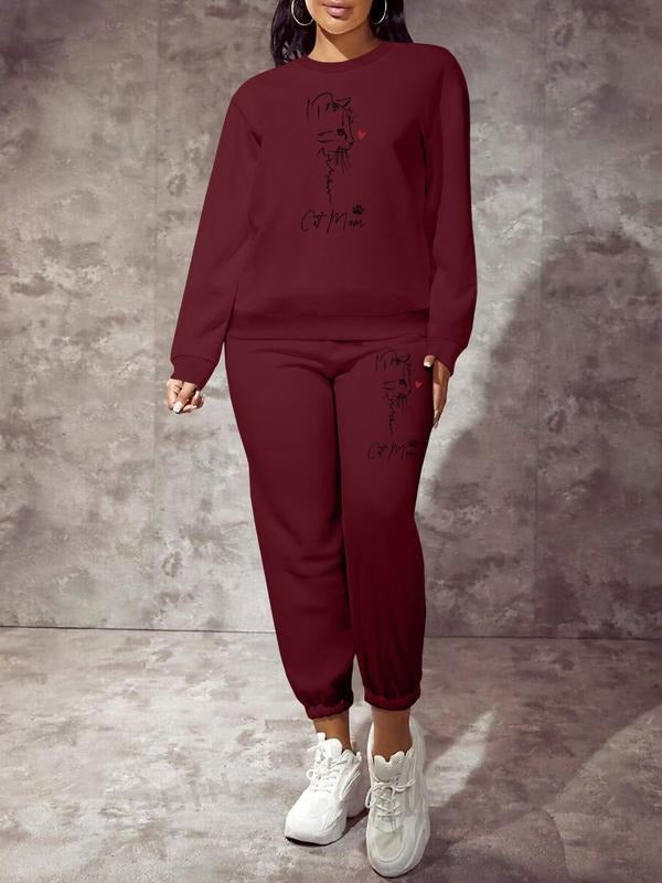 Women's Animal Print Long Sleeve Sweatshirt Set, Fun Cat Pattern, Casual Fitted Top, Winter Sportswear, Fall & Winter...