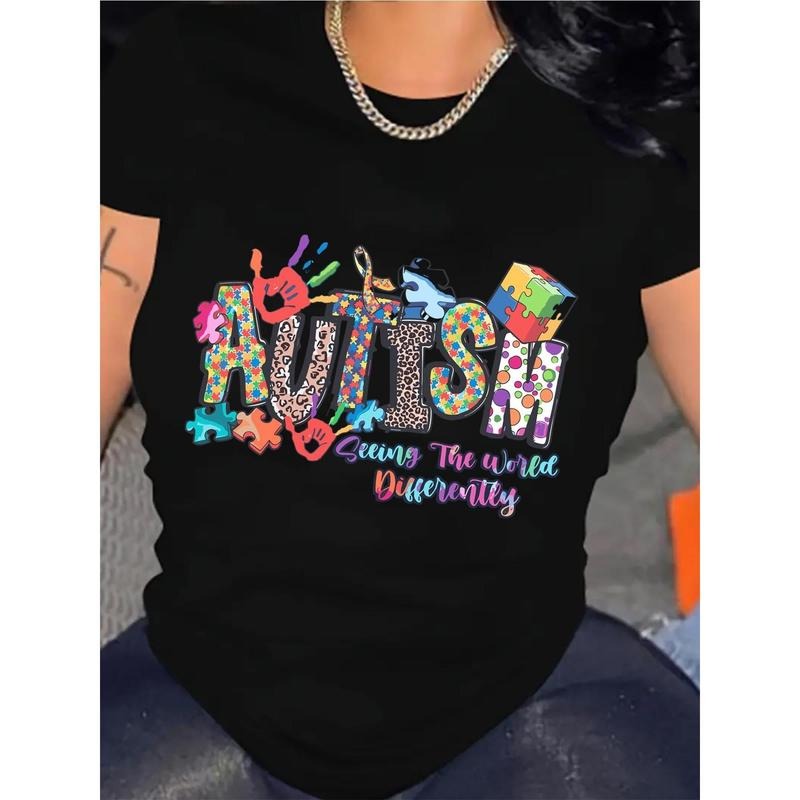 Women's Autism Awareness T-Shirt - Casual Round Neck, Short Sleeve withLetter Print & Puzzle Piece Design - Comfortable...