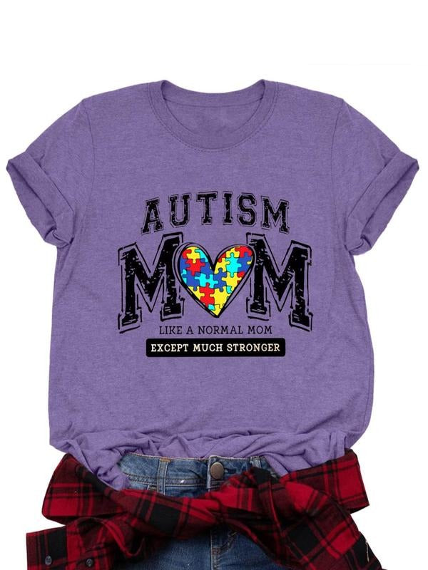 Women's Autism Mom Print Round Neck Tee, Fashion Casual Crew Neck T-Shirt for Daily Holiday Vacation Outdoor Wear, Ladies...