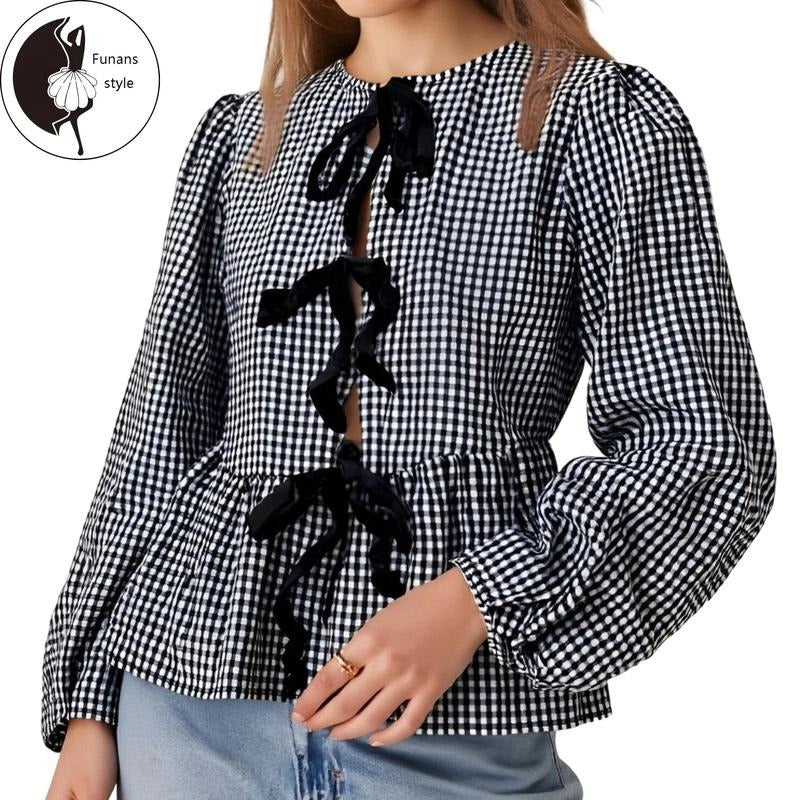 Women's Autumn Casual Plaid Tops Long Sleeve Round Neck Tie Front Babydoll T-shirt Hoodie Sweatshirt | PrintMintTees.com