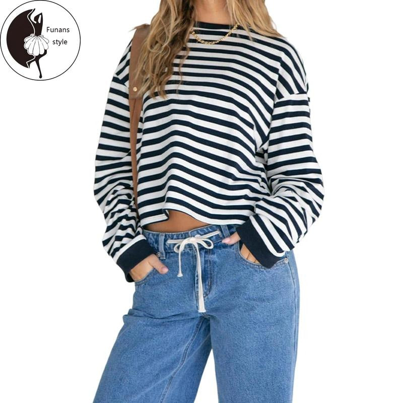 Women's Autumn Casual Tops Long Sleeve Round Neck Stripe Print Loose Fit T-shirt Hoodie Sweatshirt | PrintMintTees.com