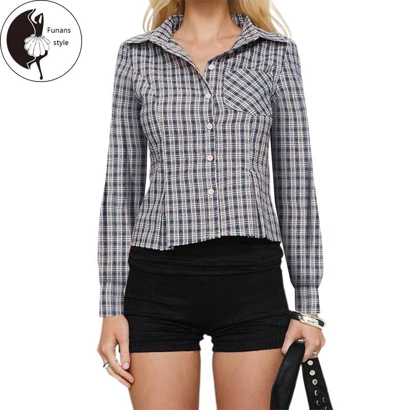 Women's Autumn Plaid Tops Long Sleeve Turn Down Collar Button Up Shirts with One Pocket Hoodie Sweatshirt | PrintMintTees.com