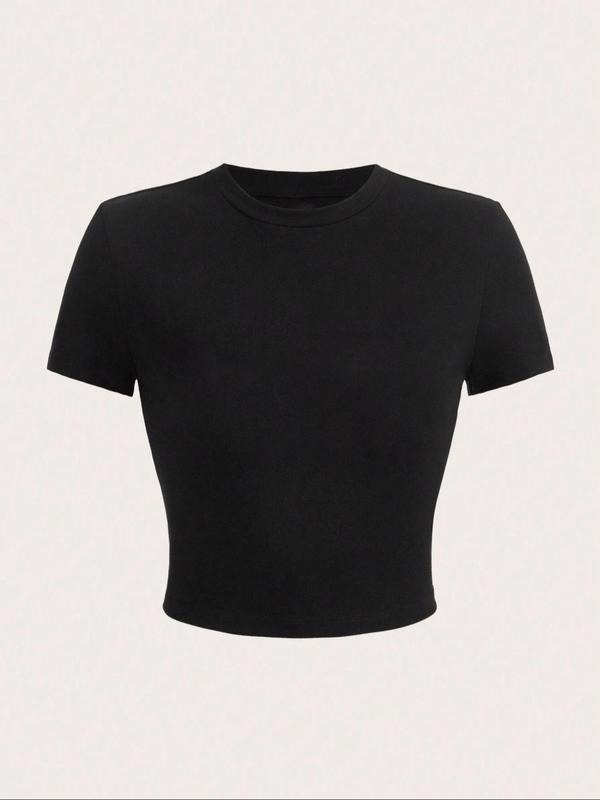Women's Basic Solid Round Neck Crop Tee, Trendy Casual Short Sleeve T-shirt for Daily Wear, Ladies Summer Outfit Hoodie...