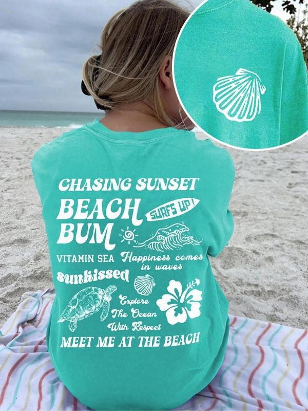 Beach Vacation Print Round Neck Casual Short Sleeve Summer Clothes Daily Top T-Shirts, Hoodie, Sweatshirt