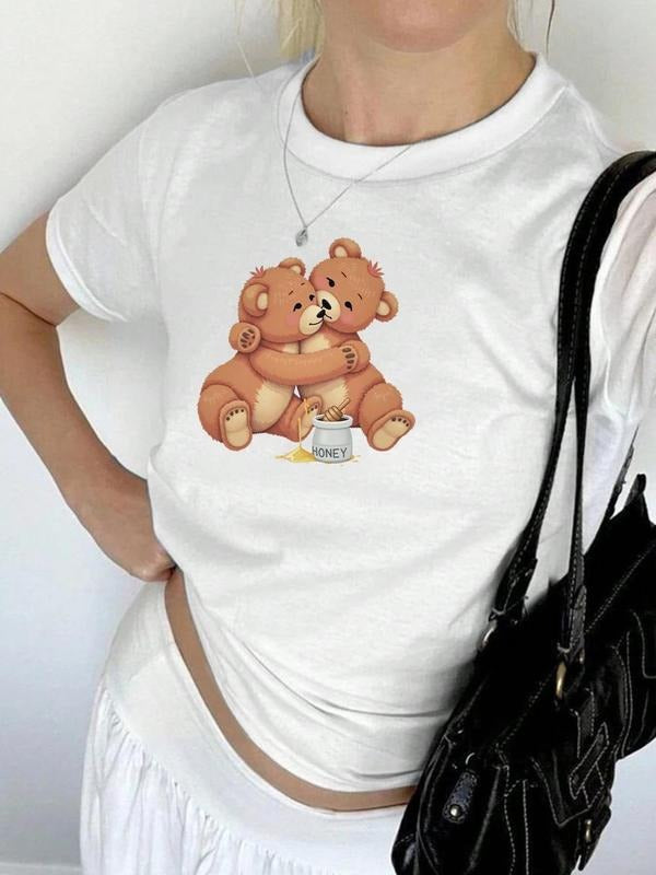 Bear & Letter Print Round Neck Vintage Casual Short Sleeve Daily All Seasons Clothes T-Shirts, Hoodie, Sweatshirt
