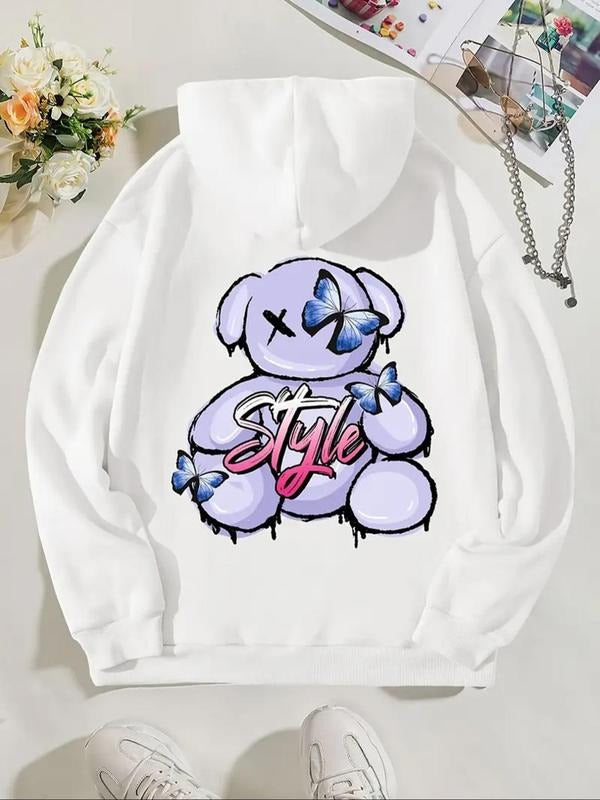 Women's Bear & Letter Print Thermal Lined Hoodie, Fashion Casual Drawstring Pocket Hooded Sweatshirt for Daily Holiday Outdoor Wear, Women Clothing for Fall & Winter