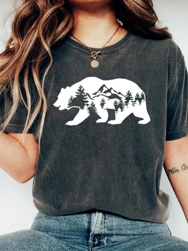 Women's Bear & Mountain Print Round Neck Tee, Casual Funny Graphic Short Sleeve T-shirt for Daily Wear, Ladies Clothes...
