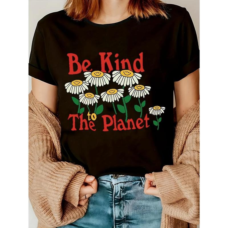 Women's Black Daisy Graphic T-Shirt with "Be Kind to the Planet" High-Quality Message
