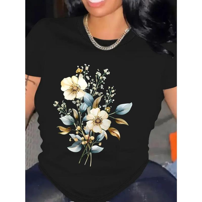 Women's Black Floral Print Cotton T-Shirt