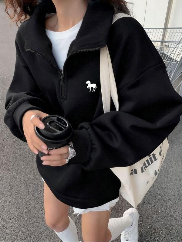 Women's Black Oversized Half-Zip Sweatshirt - Minimalist Unicorn Graphic Casual Top Shirt Hoodie | PrintMintTees.com