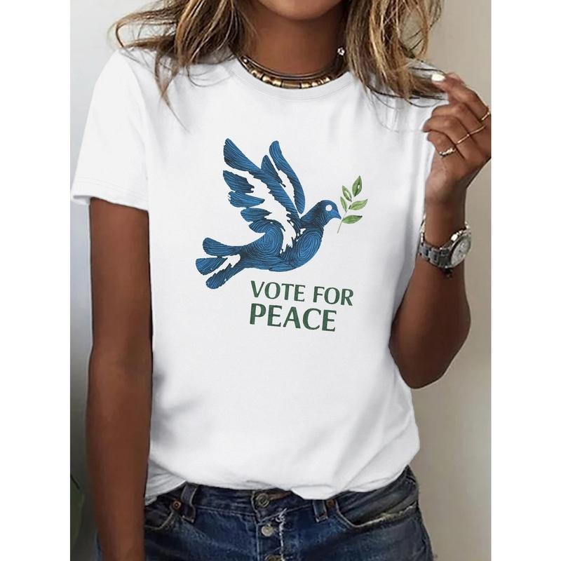 Women's Black Pure Cotton T-Shirt with Blue Dove & Olive Branch Peace Symbol - Comfort Fit Casual Round Neck Top, Machine...