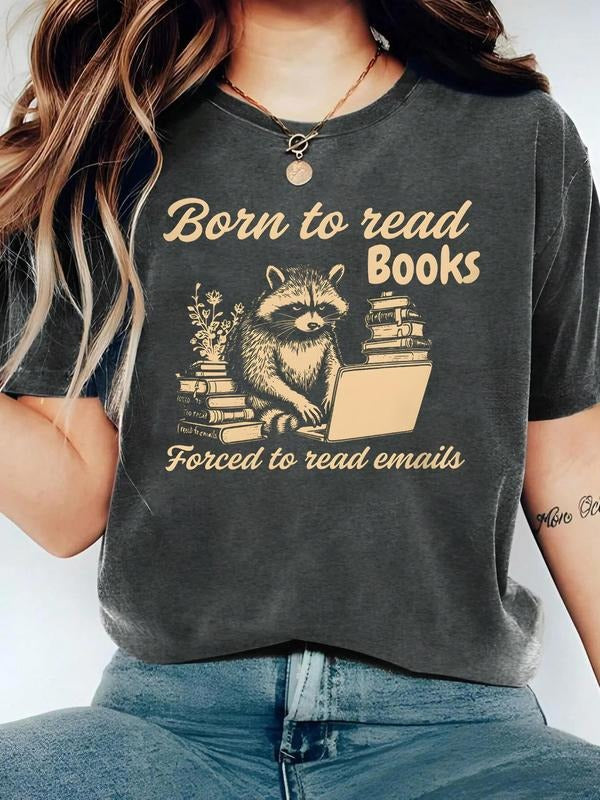 Women's Book & Raccoon Print Round Neck Tee, Fashion Casual Crew Neck T-Shirt for Daily Holiday Vacation Outdoor Wear,...