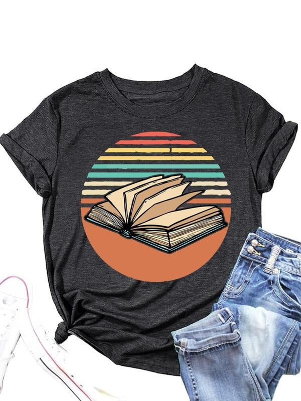 Women's Book  Print Round Neck Tee, Vintage Trendy Casual Short Sleeve T-shirt for Daily Wear, Ladies All Seasons Wear...