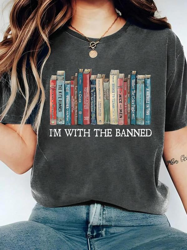 Women's Book Print Round Neck Tee, Vintage Trendy Casual Short Sleeve T-shirt for Daily Wear, Ladies Summer, Top style 02...