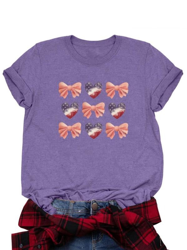 Women's Bow & Letter Print Round Neck Graphic Tee, Casual Short Sleeve T-shirt for Daily Wear, Ladies Clothes for All...