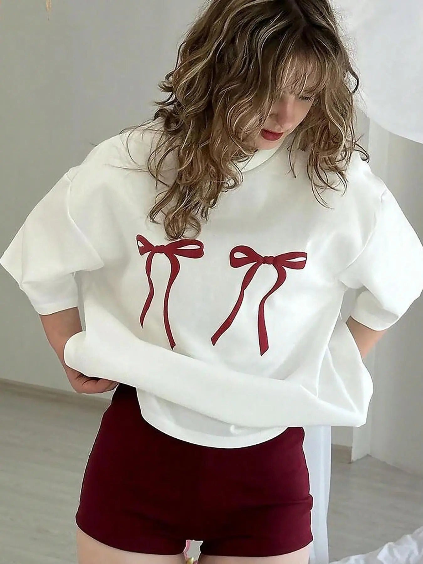 Women's Bow Print Drop Shoulder Tee, Casual Half Sleeve Round Neck T-shirt, Fashion Women's Top for Daily Wear Hoodie...