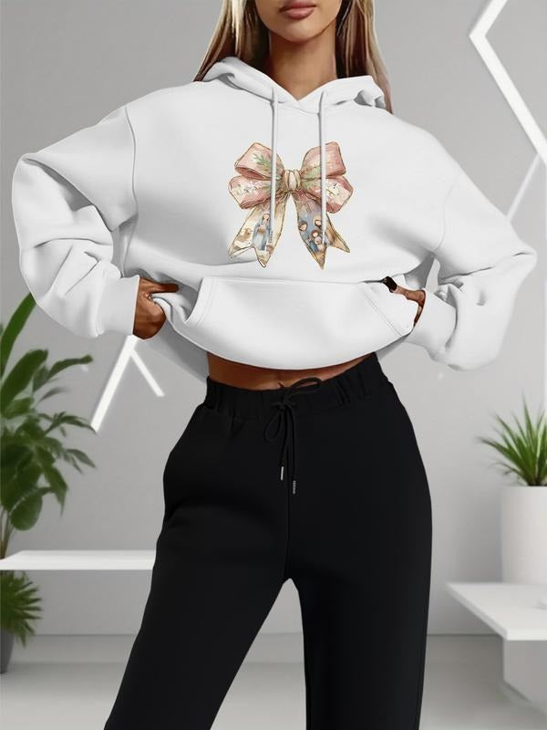 Women's Bow Print Hooded Sweatshirt Set, Long Sleeve Casual, Spring & Fall Fashion, Comfortable Home Wear Shirt Hoodie