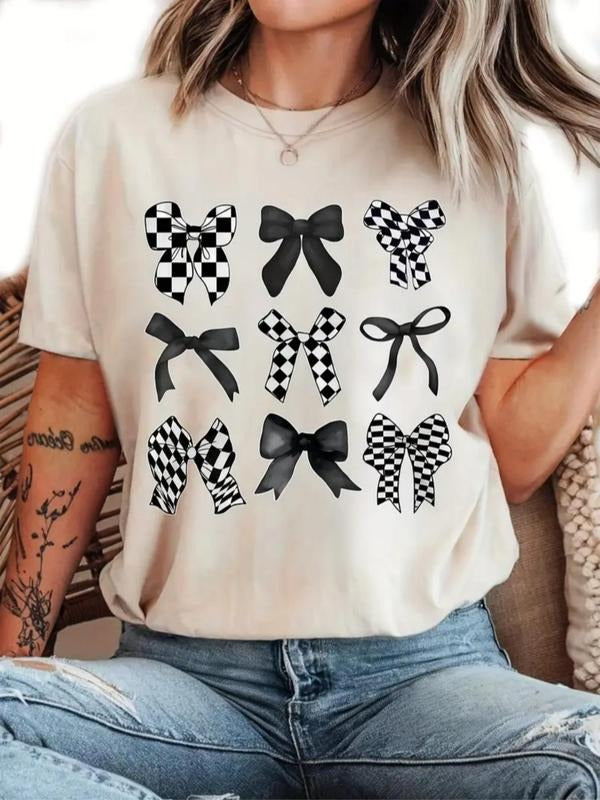 Women's Bow Print Round Neck Tee, Casual Letter Graphic Short Sleeve T-Shirt for Daily Wear, Ladies Clothes for All...