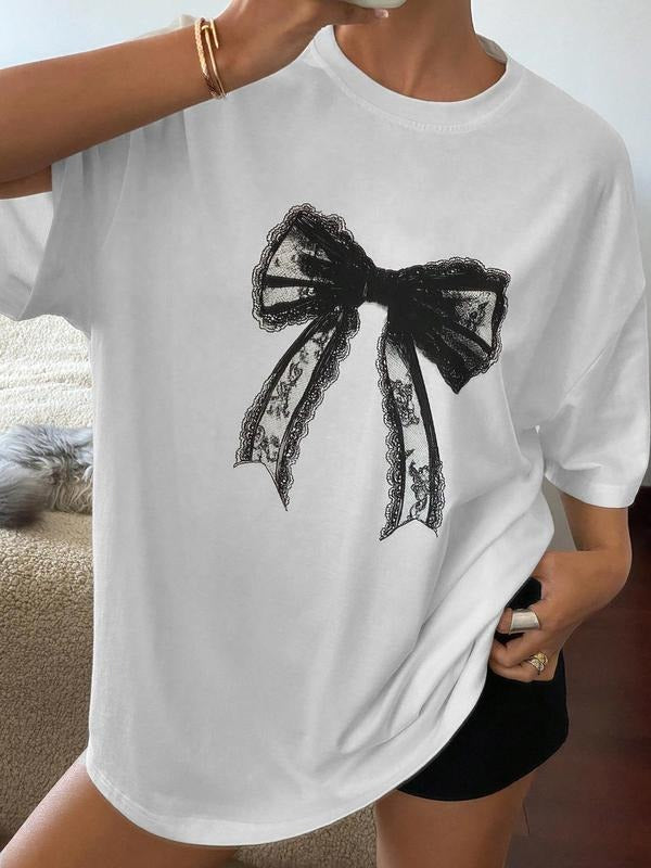 Women's Bow Print Round Neck Tee, Vintage Trendy Casual Short Sleeve T-shirt for Daily Wear, Ladies All Seasons Clothes...