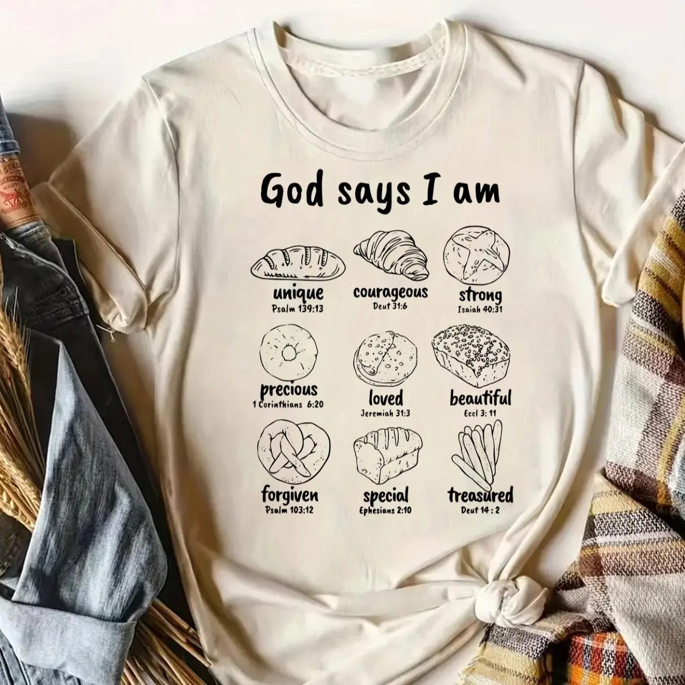 Women's Bread & Letter Print Round Neck Tee, Casual Short Sleeve Crew Neck T-shirt for Daily Wear, Ladies Clothes for All...