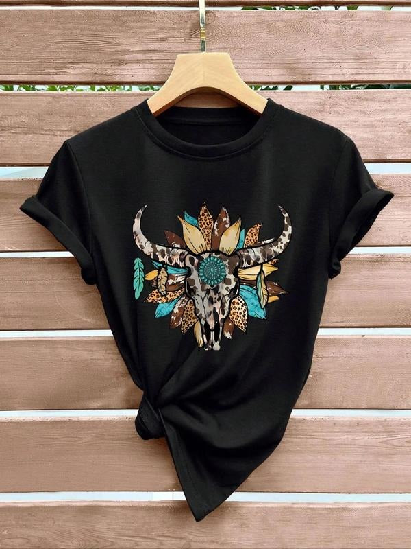 Women's Bull Head & Floral Print Round Neck Graphic Tee, Vintage Trendy Casual Short Sleeve T-shirt for Daily Wear,...