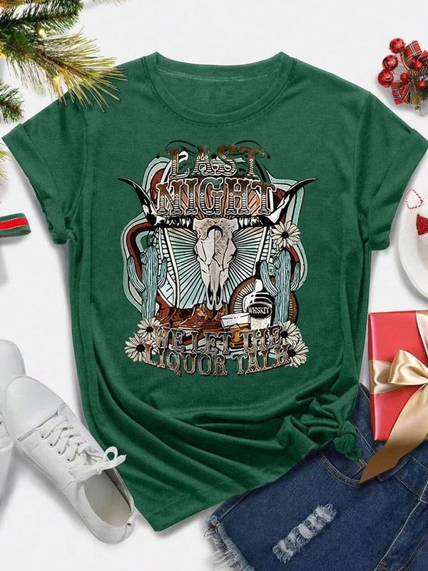 Women's Bull Head & Letter Print Round Neck Graphic Tee, Vintage Trendy Casual Short Sleeve T-shirt for Daily Wear,...