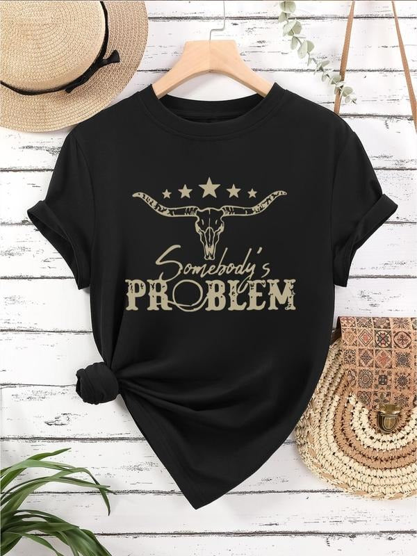 Bull Head & Letter Print Round Neck Casual Short Sleeve Crew Neck Daily Clothes All Seasons T-Shirts, Hoodie, Sweatshirt