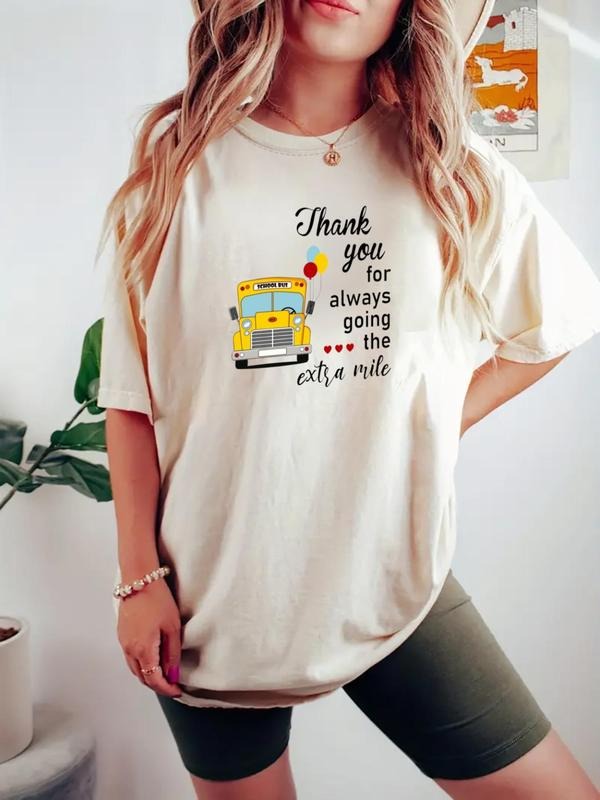 Women's Bus Print Round Neck Tee, Casual Short Sleeve Crew Neck T-shirt for Daily Wear, Ladies Clothes for All Seasons,...
