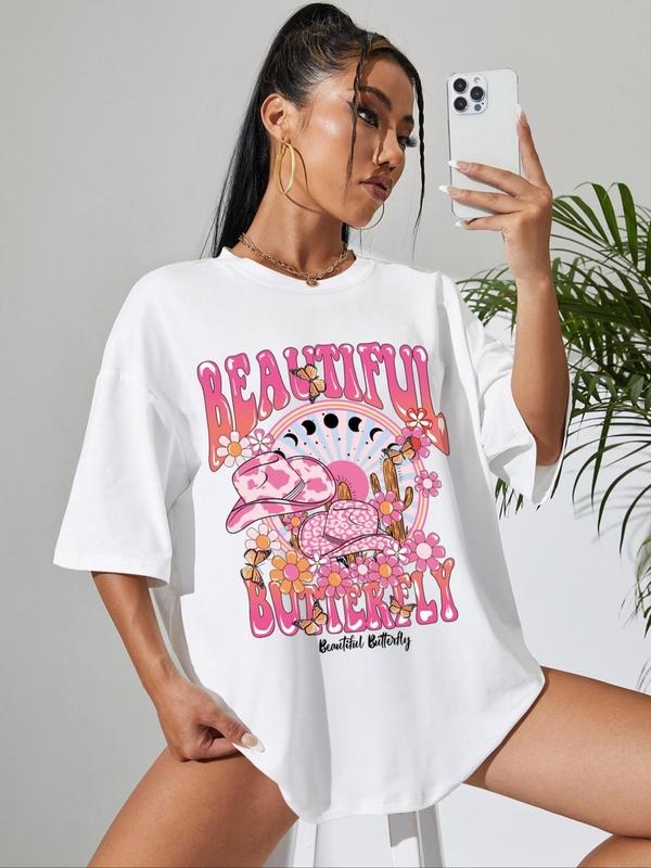 Butterfly & Floral Print Drop Shoulder Cute Half Sleeve Round Neck Daily Casual Clothes All Seasons Shirt Hoodie Sweatshirt