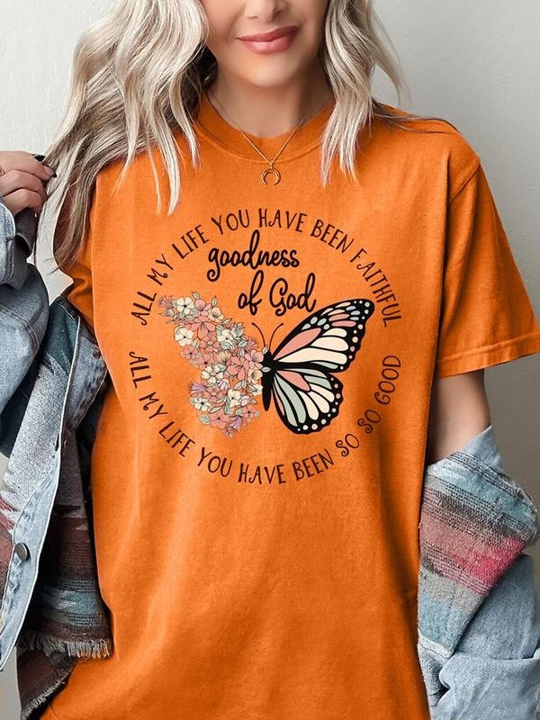 Butterfly & Floral Print Round Neck Vintage Casual Short Sleeve Daily Summer T-Shirts, Hoodie, Sweatshirt