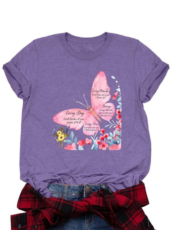 Women's Butterfly & Floral Print Round Neck Tee, Casual Short Sleeve Crew Neck T-shirt for Daily Wear, Ladies Clothes for...