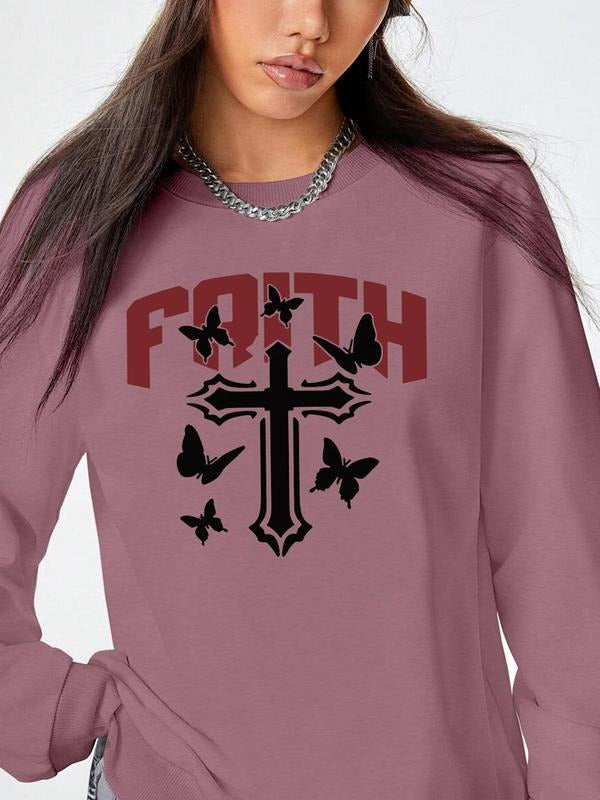 Women's Butterfly & Letter & Cross Print Round Neck Pullover, Fashion Casual Crew Neck Long Sleeve Sweatshirt for Daily...