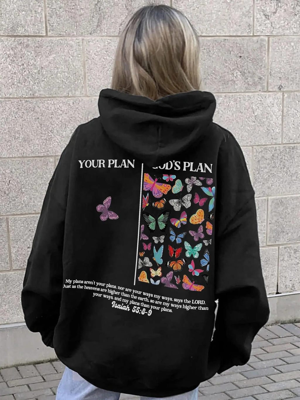 Women's Butterfly & Letter Print Drop Shoulder Hoodie, Fashion Casual Drawstring Pocket Hooded Sweatshirt for Daily...