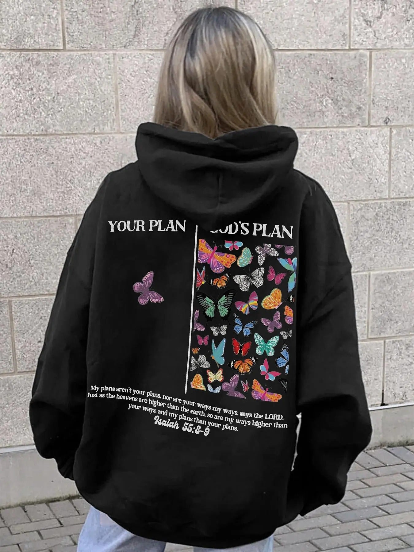 Women's Butterfly & Letter Print Drop Shoulder Hoodie, Fashion Casual Drawstring Pocket Hooded Sweatshirt for Daily...