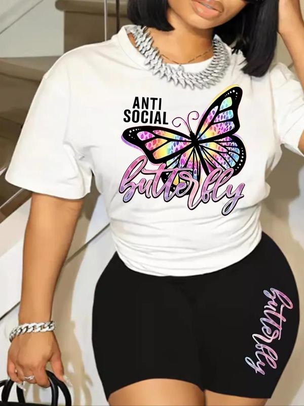 Women's Butterfly & Letter Print Round Neck Tee, Casual Graphic Short Sleeve T-Shirt, Ladies All Seasons Outfit Hoodie...