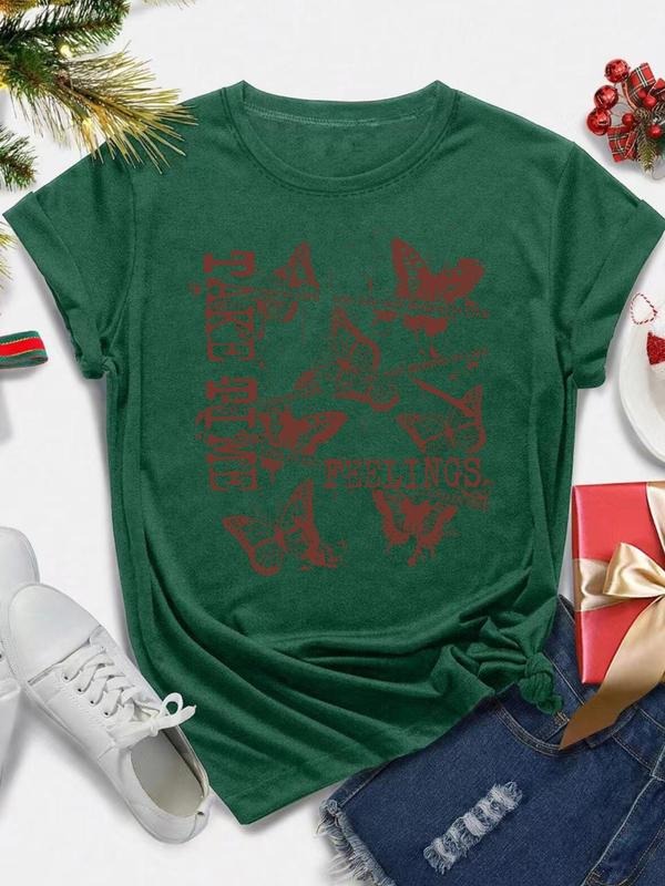 Women's Butterfly & Letter Print Round Neck Tee, Fashion Casual Short Sleeve T-shirt, Ladies Summer Clothes for Daily...
