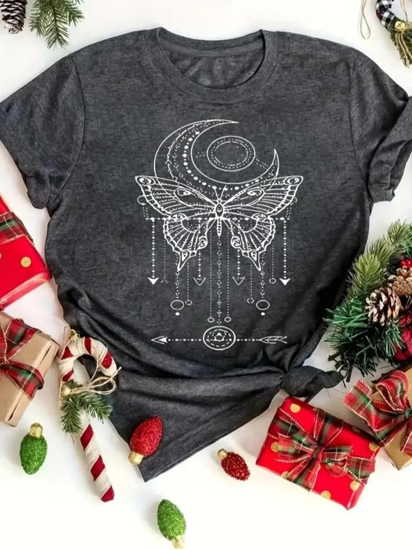 Women's Butterfly & Moon Print Round Neck Tee, Casual Short Sleeve Crew Neck T-shirt for Daily Holiday Vacation Outdoor...
