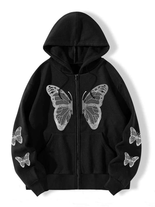 Women's Butterfly Print Drawstring Zip Up Hoodie, Casual Long Sleeve Pocket Hooded Sweatshirt for Daily Wear, Ladies...
