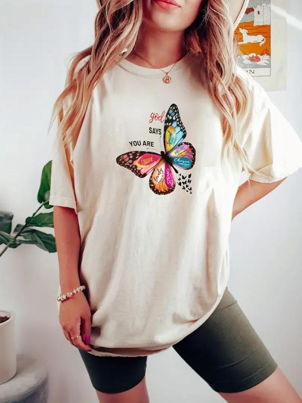 Women's Butterfly Print Round Neck Tee, Fashion Casual Crew Neck T-shirt for Daily Holiday Vacation Outdoor Wear, Ladies...