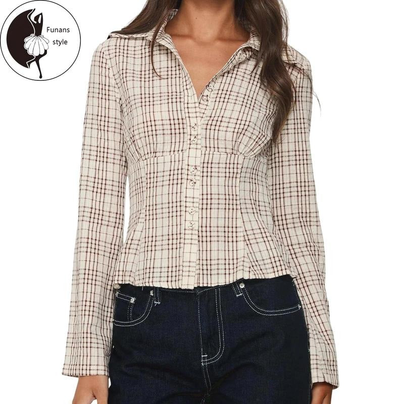 Women's Button Down Shirt Casual Stylish Plaid Turn Down Neck Long Sleeve Tops for Spring and Fall Hoodie Sweatshirt