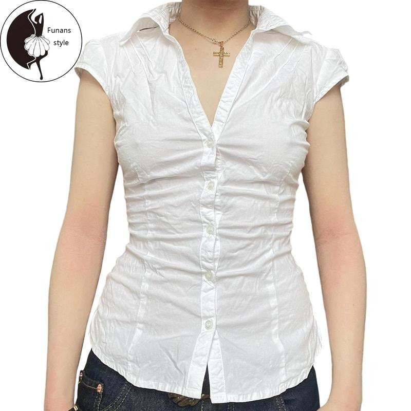 Women's Button Down Shirts Cap Sleeve Collared Neck Solid ColorFit Tops Summer Shirts Hoodie Sweatshirt | PrintMintTees.com