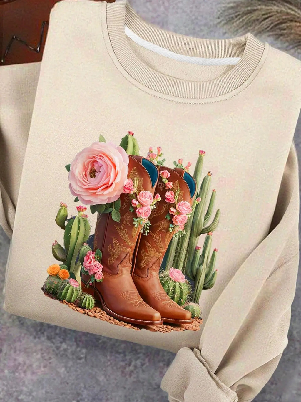 Women's Cactus & Boots Print Round Neck Sweatshirt, Casual Long Sleeve Pullover for Fall & Winter, Women's Clothes for...