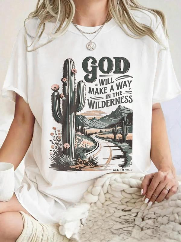Cactus & Letter Print Round Neck Vintage Casual Short Sleeve Daily Summer Top T-Shirts, Hoodie, Sweatshirt