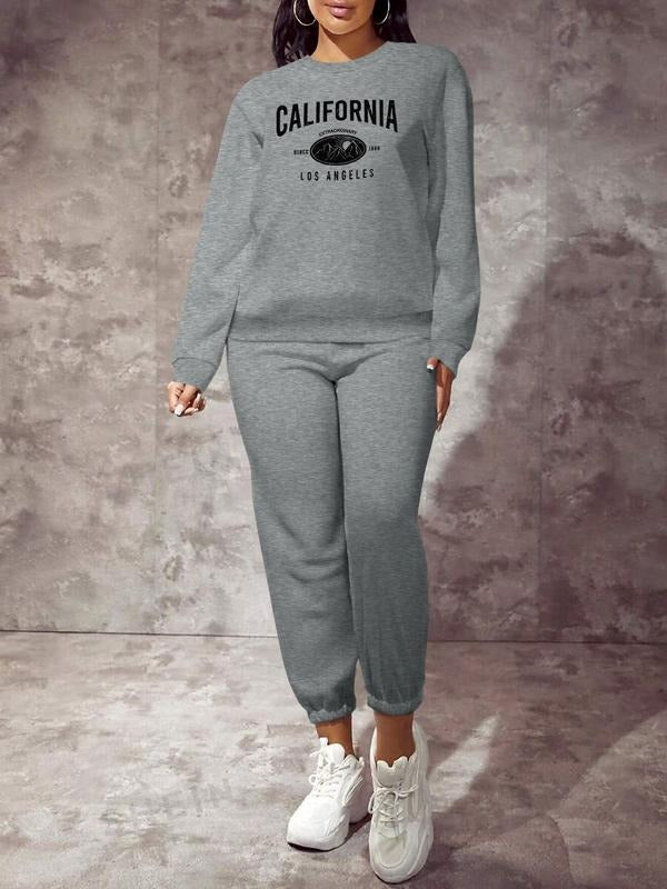 Women's California Letter Print Long Sleeve Sweatshirt Set, Casual Mountain Print Design, Spring & Fall Sportswear,...