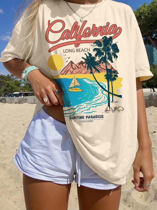 Women's California Print Round Neck Tee, Casual Loose Short Sleeve T-shirt for Daily Wear, Ladies Clothes for Summer, Top...
